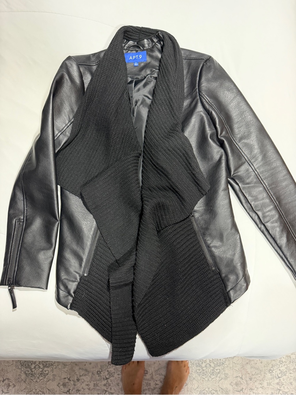 Apt. 9 Black Faux Leather Jacket with Knit Draped Collar